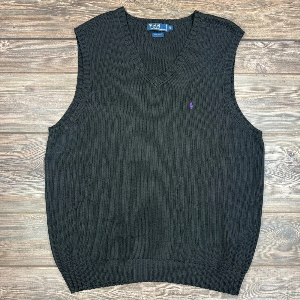 Polo Ralph Lauren Mens Size XLT Sweater Vest Black Cotton V-Neck Purple Pony